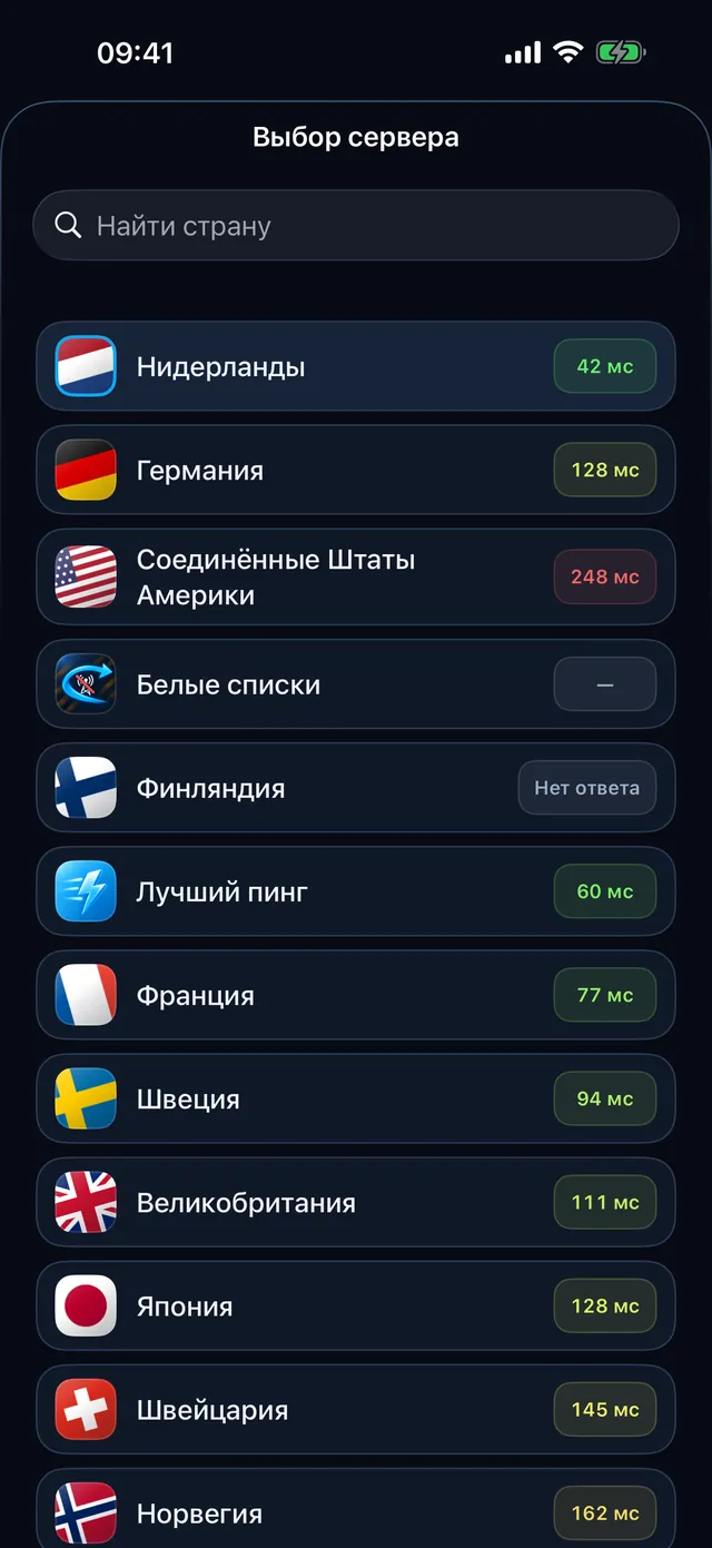 Список серверов с флагами и пингом